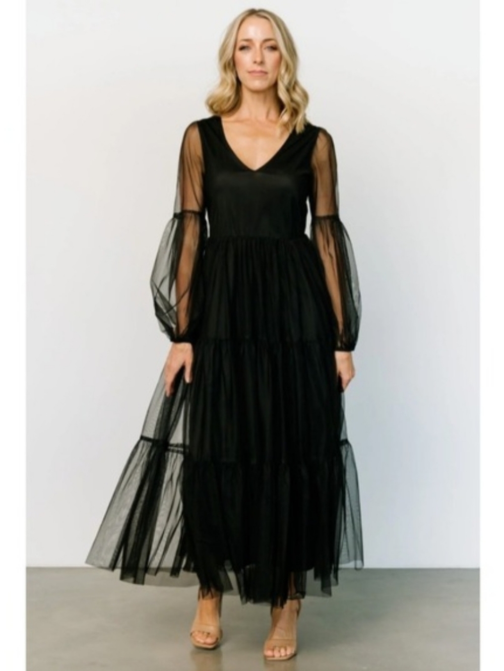Baltic Born Small Black Long Mesh Sleeve Maxi Dress